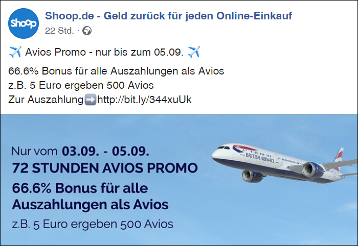 Shoop Avios Promo 66,6% Bonus für Auszahlungen Transfer Avios Meilen Details