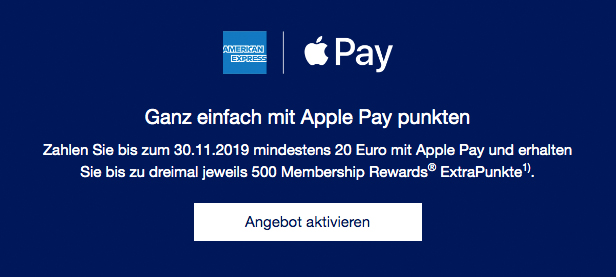 Für 20 EURO Umsatz mit Apple Pay 500 Membership Rewards Punkte sammeln Details